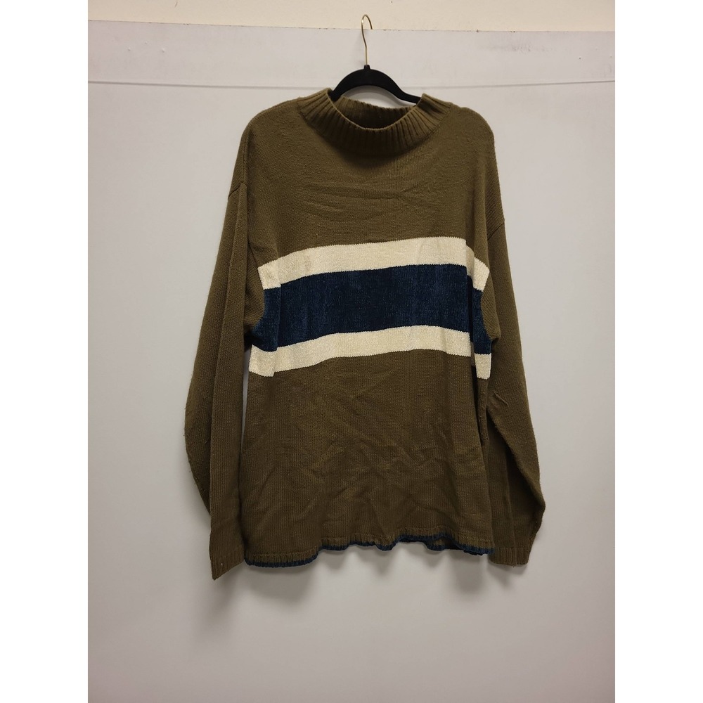Metro One Mens Sweater XL Olive Green‎ Blue White Striped Knit Mock Neck Acrylic